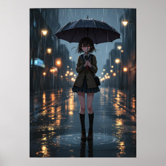 Poster Rainy Night Anime Girl com guarda-chuva