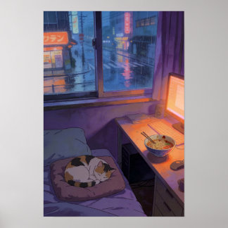 Poster Rainy Night Ramen Cozy Anime Sanctuary