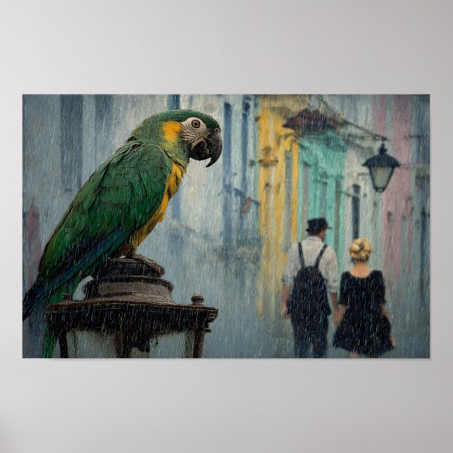 Poster Rainy Romance with Parrot – Parrot on Lamp in Rain (Frente)