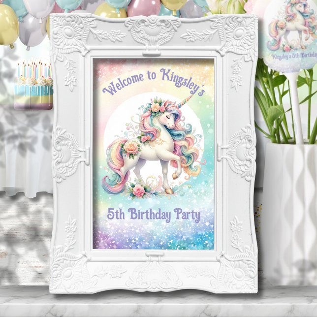 Poster Raio Arco-Íris Unicórnio Sinal de Boas-vindas (Radiant Rainbow Unicorn Birthday Welcome Sign)