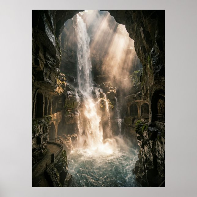 Poster Raios de Luz Solar na Cachoeira da Caverna Oculta (Frente)