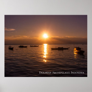 Poster Raios de Sol Poente Barcos Flutuantes Mar Crepúscu
