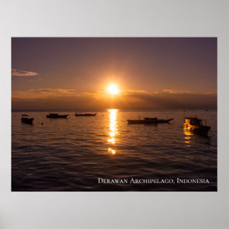 Poster Raios de Sol Poente Barcos Flutuantes Mar Crepúscu