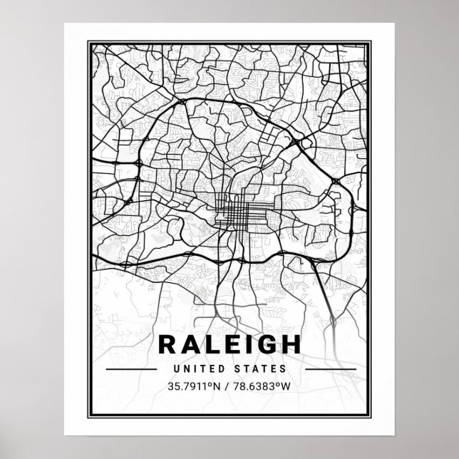 Poster Raleigh Carolina do Norte, EUA - Mapa da Cidade do (Frente)