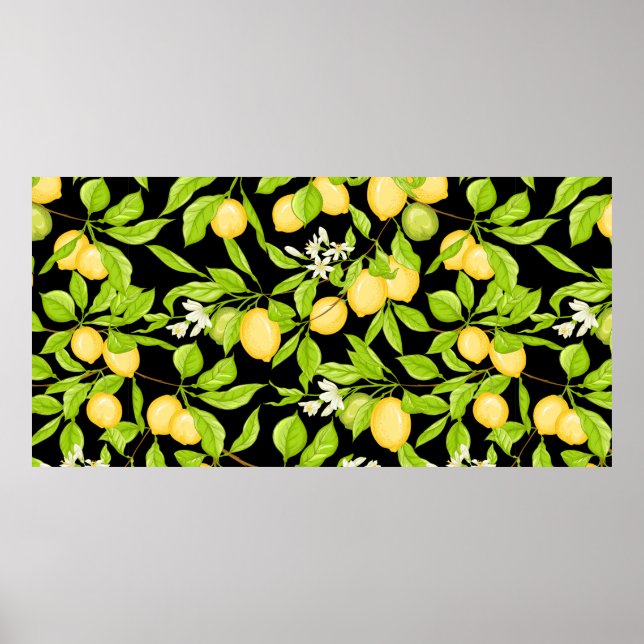 Poster Ramal da árvore limão com limões, flores e folhas. (Frente)