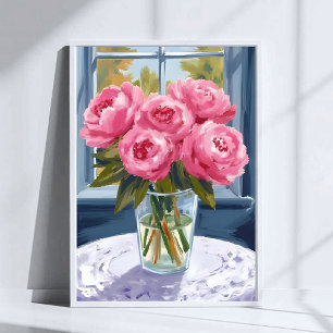 Poster Ramalhete de Peônia Corada Pintura de Flor Rosa