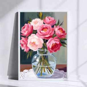 Poster Ramalhete de Peônia Flor Vase Rosa Floral Aquare