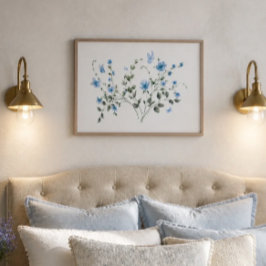 Poster Ramalhete Floral Azul e Aquarela de Borboleta