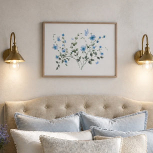 Poster Ramalhete Floral Azul e Aquarela de Borboleta