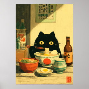 Poster Ramen Comendo Gato Negro Engraçado