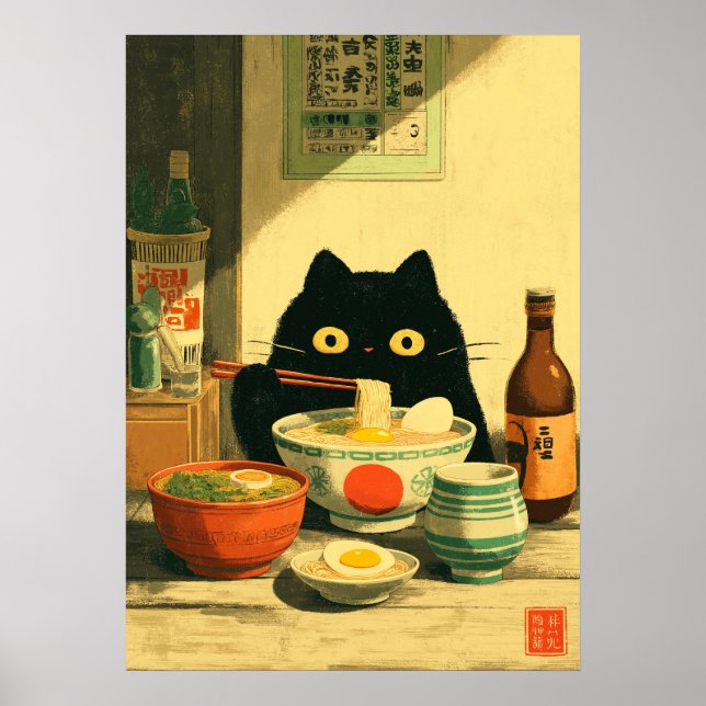 Poster Ramen Comendo Gato Negro Engraçado (Frente)