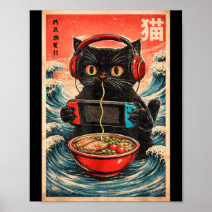 Poster Ramen de Gato Japonês Gráfico Divertido Kawaii Ani