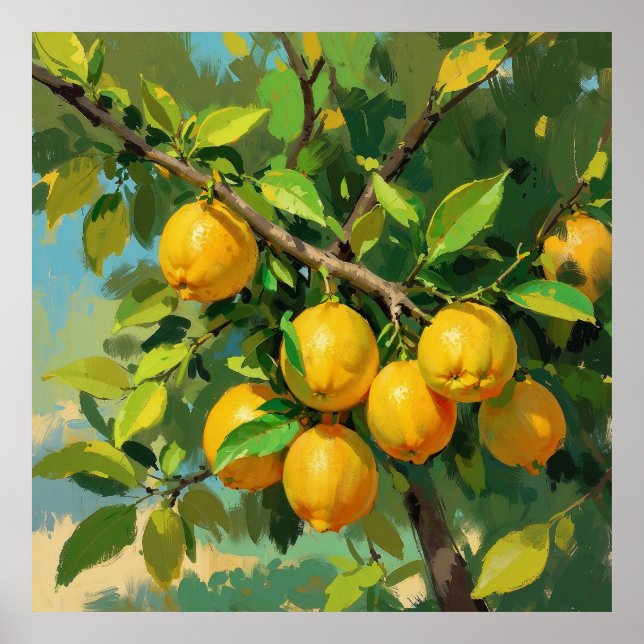 Poster Ramificação de Árvore Limão com Fruta Amarela Bril (Frente)
