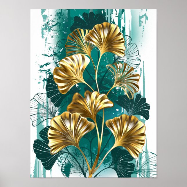 Poster Ramo com folhas douradas Ginko Biloba (Frente)