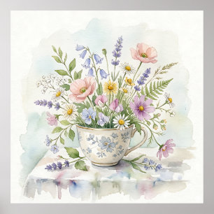 Poster Ramo de Flores Silvestres e Lavanda em Xícara de A