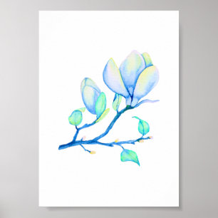 Poster Ramo de Magnólia em Aquarela Azul Verde Botânico