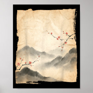 Poster Ramos de Flor de Sakura Pintura em Tinta Japonesa