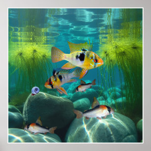 Poster Rams Azuis Alemães Cichlids Corydoras Aquarium Fis