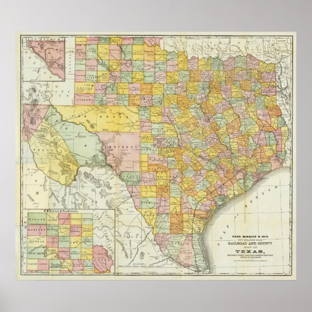 Póster Rand McNally Railroad E County Map Do Texas (Frente)