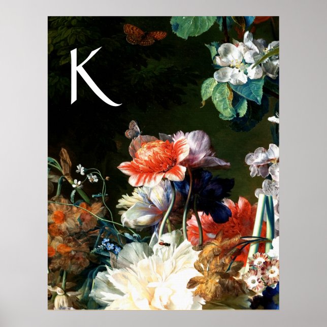 Poster RANEMONES, FLORES, MARIPOSA PRETO FLORAL Monograma (Frente)