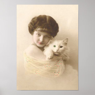 Póster Rapariga com Cat Vintage