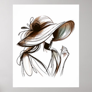 Poster Rapariga com chapéu grande - Arte de linha minimal