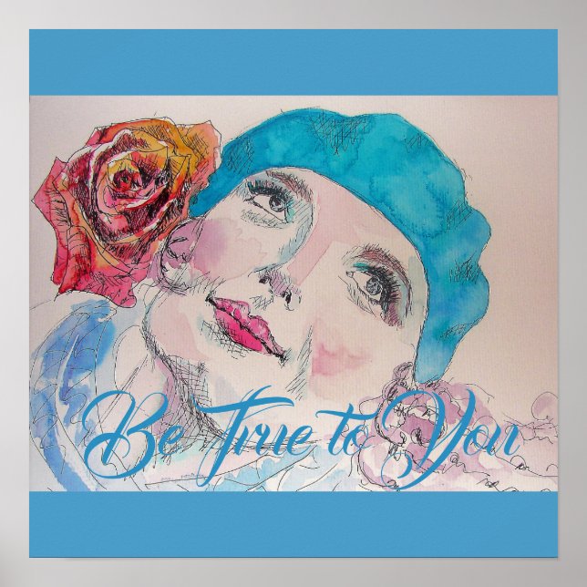 Poster Rapariga com Rosa vermelha de Beret Watercolor (Frente)