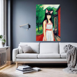 Poster Rapariga com vestido branco e orelhas de gato | Ar