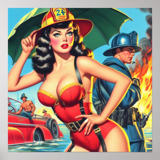 Poster Rapariga de Bombeiros Retro (Frente)