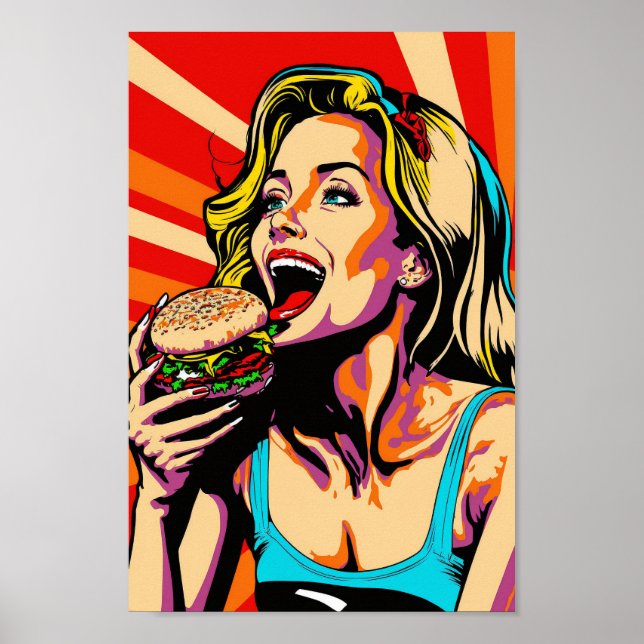 Poster Rapariga de Pop de Arte que Come Burger (Frente)