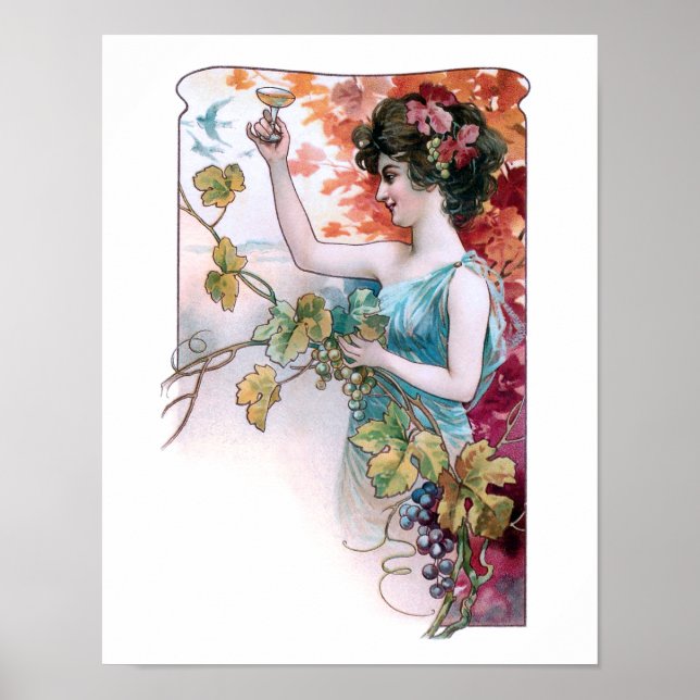 Poster Rapariga de Vintage russa com vinho (Frente)