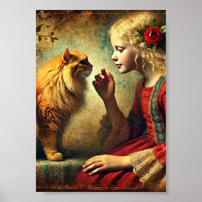 Poster Rapariga e Laranja Tabby Cat Wall Art, Antiquado (Frente)
