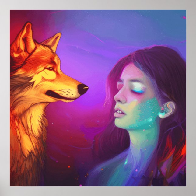 Poster Rapariga e seu Wolf AI geraram Pop de arte fantasi (Frente)
