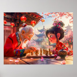 Poster Rapariga e vovô jogando xadrez moderno