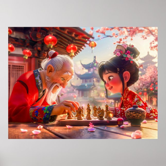Poster Rapariga e vovô jogando xadrez moderno (Frente)