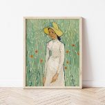 Poster Rapariga em Branco | Vincent Van Gogh<br><div class="desc">Rapariga de Branco (1890) | Arte original do artista poste-impressionista neerlandês Vincent Van Gogh (1853-1890). A pintura mostra uma mulher vestindo um vestido branco e um chapéu de palha amarelo, em pé em um campo verde macio espalhado por flores vermelhas. Use as ferramentas de design para adicionar texto personalizado ou...</div>