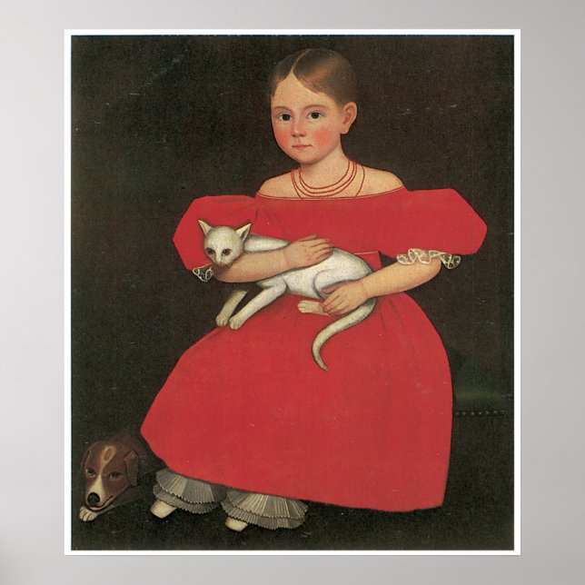 Poster Rapariga em Vermelho com seu gato e cão c. 1834-36 (Frente)
