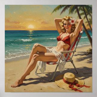 Poster Rapariga na praia Retro '50 Pin-up art