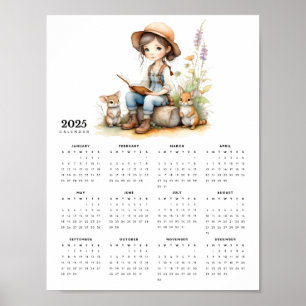 Poster Rapariga no Jardim Flor Lê Coelhos Calendário 2025