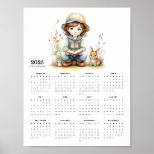 Poster Rapariga no Jardim Flor Livros Coelhos Calendário 