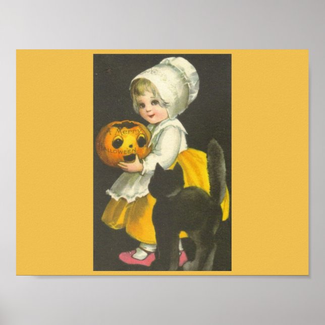 Póster Rapariga Pumpkin Black Cat Vintage Halloween Poste (Frente)