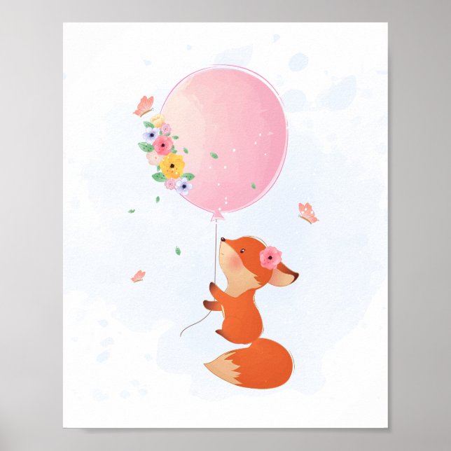 Poster Rapariga raposa voando com balão rosa (Frente)