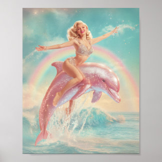 Poster Rapariga retrô pin-up pilotando um golfinho rosado