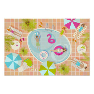 Póster Raparigas Bikini e caras jogando piscina de nataçã