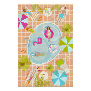 Póster Raparigas Bikini e caras jogando piscina de nataçã