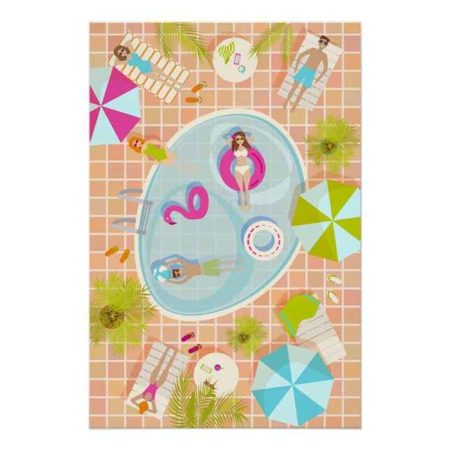 Póster Raparigas Bikini e caras jogando piscina de nataçã (Frente)