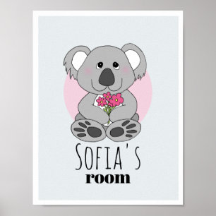 Poster Raparigas Cute Koala Bear Cartoon & Name Kids Room