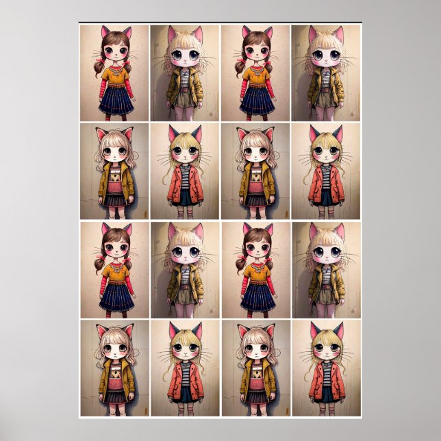 Poster Raparigas de Gato Whimsical (AI) (Frente)