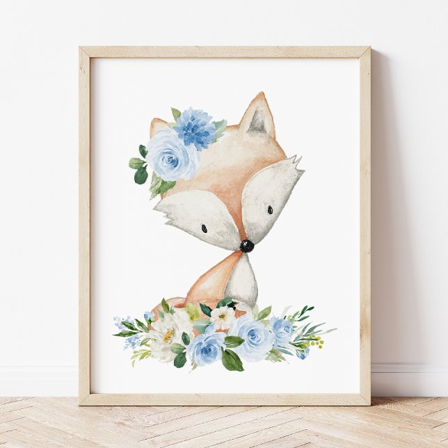 Poster Raposa, Animais Da Floresta, Boho, Flores Azuis (Criador carregado)