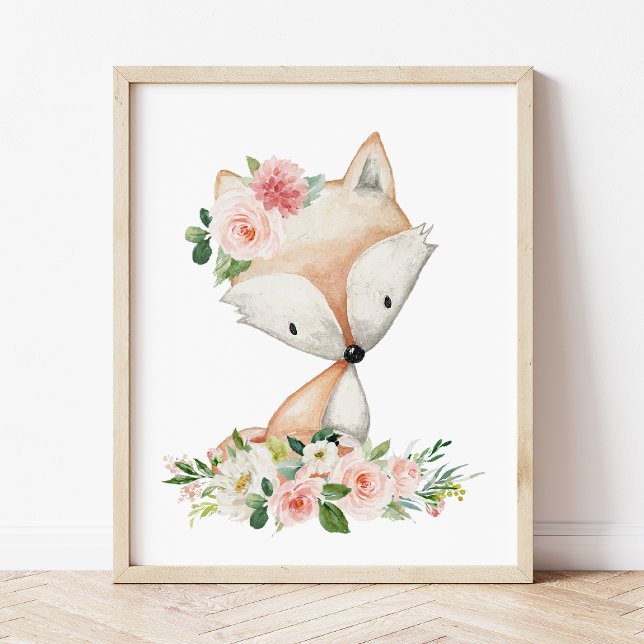 Poster Raposa, Animais Da Floresta, Boho, Flores Rosa (Criador carregado)